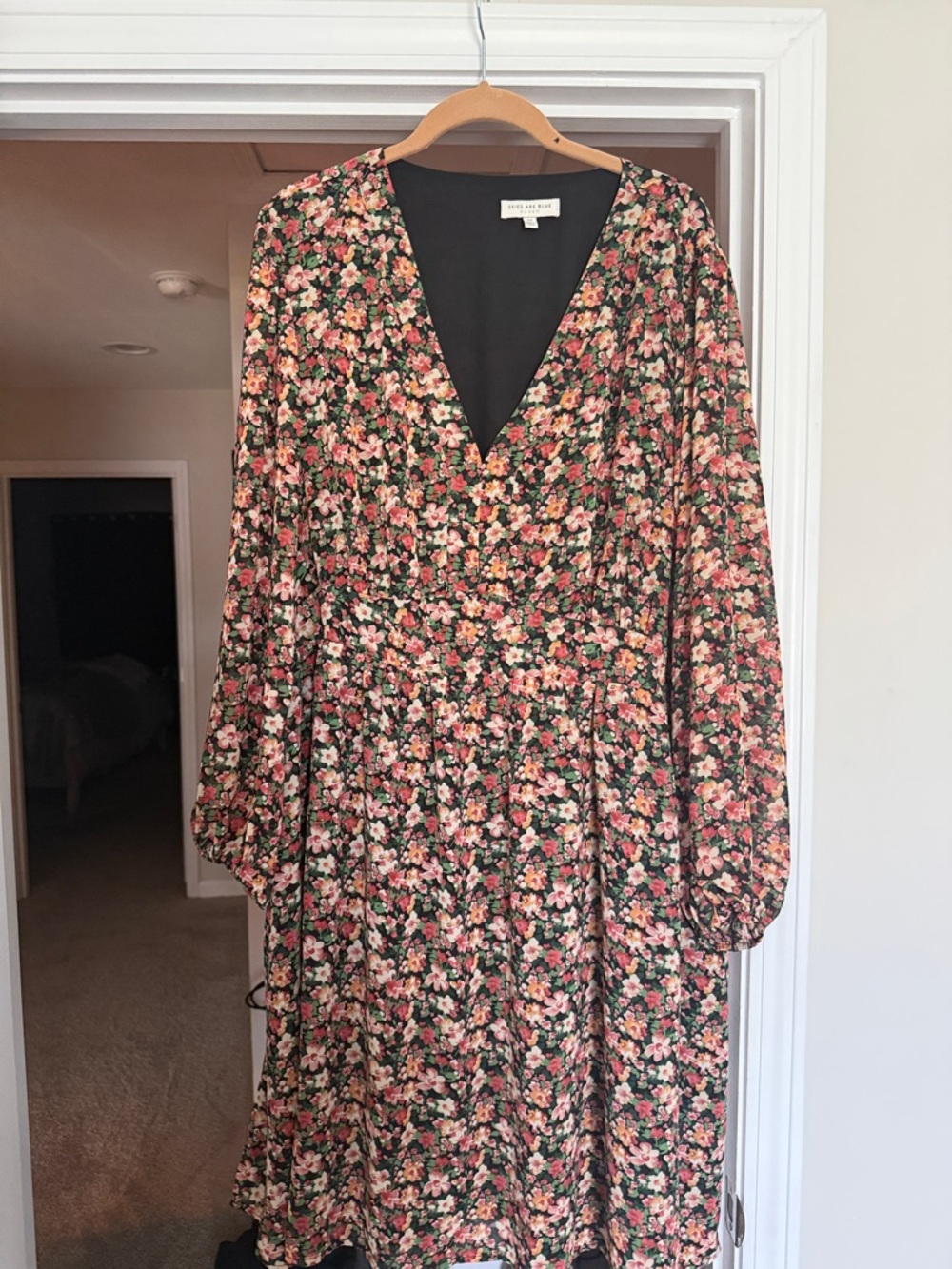 Skies Are Blue Black Floral V-Neck Midi Dress with Pink & Green Accents